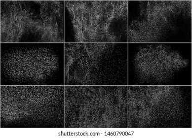 Set of White Grainy Texture Isolated On Black Background. Dust Overlay Texture. Noise Particles. Snow Effects Pack. Digitally Generated Image. Vector Illustration, EPS 10.