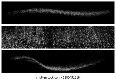 Set Of White Grainy Texture On Black. Panoramic Background. Wide Horizontal Long Banner For Site. Dust Overlay. Light Coloured Noise Granules. Snow Vector Elements. Illustration, EPS 10.
