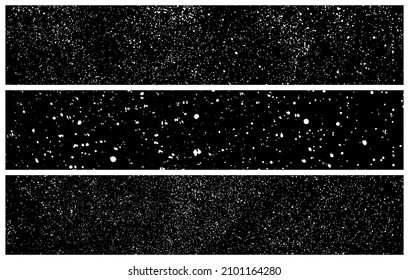 Set Of White Grainy Texture On Black. Panoramic Background. Wide Horizontal Long Banner For Site. Dust Overlay. Light Coloured Noise Granules. Snow Vector Elements. Illustration, EPS 10.