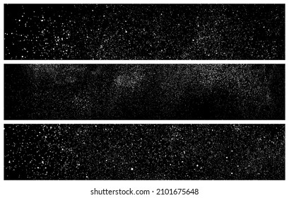 Set Of White Grainy Texture On Black. Panoramic Background. Wide Horizontal Long Banner For Site. Dust Overlay. Light Coloured Noise Granules. Snow Vector Elements. Illustration, EPS 10.