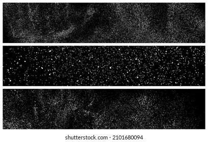 Conjunto De Textura De Grano Blanco Sobre Negro. Fondo Panorámico. Pancarta Larga Horizontal Amplia Para El Sitio. Superposición de polvo. Granulado De Ruido Claro. Elementos vectores de nieve. Ilustración, EPS 10.