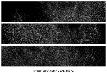 Set Of White Grainy Texture On Black. Panoramic Background. Wide Horizontal Long Banner For Site. Dust Overlay. Light Coloured Noise Granules. Snow Vector Elements. Illustration, EPS 10.