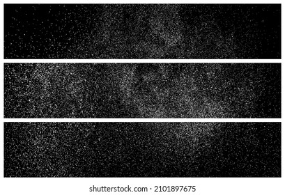 Set Of White Grainy Texture On Black. Panoramic Background. Wide Horizontal Long Banner For Site. Dust Overlay. Light Coloured Noise Granules. Snow Vector Elements. Illustration, EPS 10.