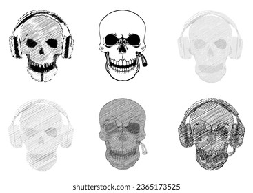 Set of a White graphic human skull with black eyes, cigarette and earphone