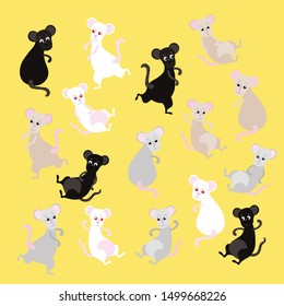 Set of white, gray, black and beige rats on a yellow background. Symbol of the twenty twentieth new year. Vector illustration.