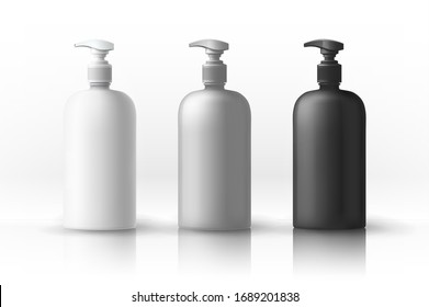 A set of white, gray, black plastic bottles for sanitary and antiseptic products. Object, shadow and reflection on separate layers. Vector.