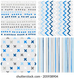 Set of white gray blue vector seamless patterns with dots chevron crosses and stripes on light background 