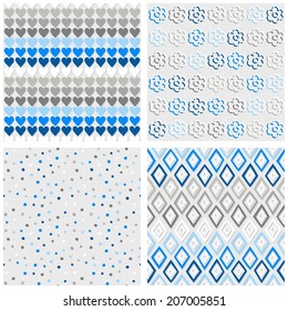 Set of white gray blue vector seamless patterns with hearts flowers dots and diamonds on light background