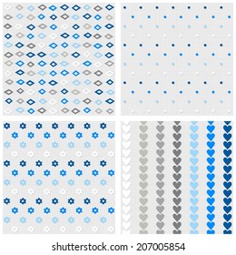 Set of white gray blue vector seamless patterns with diamonds dots flowers and hearts on light background