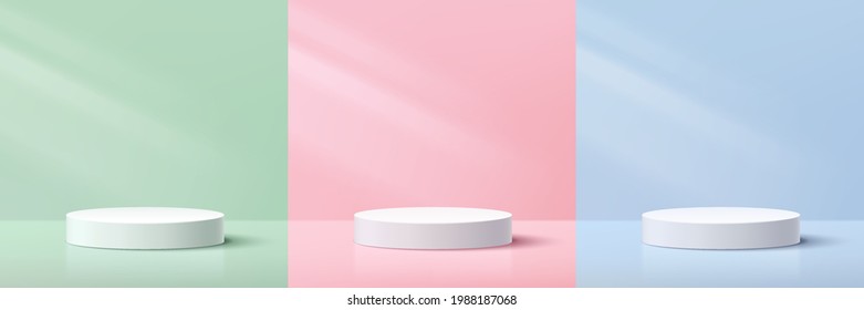 Set of white and gray cylinder pedestal podium. Pastel green, blue, pink platform collection design. Vector rendering 3d shape. Cosmetic product display presentation. Abstract minimal wall scene.