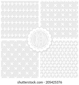 Set of white and gray monochrome cross backgrounds with round sticker