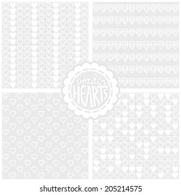 Set of white and gray monochrome Valentine's cards with border hearts backgrounds with round sticker