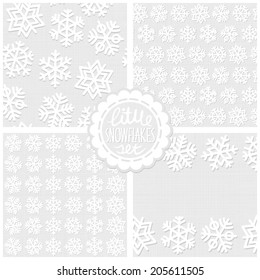 Set of white gray monochrome vector backgrounds with snowflakes and round sticker