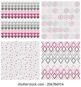 Set of white gray pink vector seamless patterns with hearts flowers dots and diamonds on light background