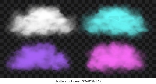 Set of white, green, purple and pink smoke, fog or gas clouds. Realistic vector illustration isolated on transparent background.