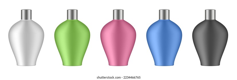 Set of white, green, red, blue and black cosmetic bottles. Realistic mockup. Korean packaging. Lotion or shower gel