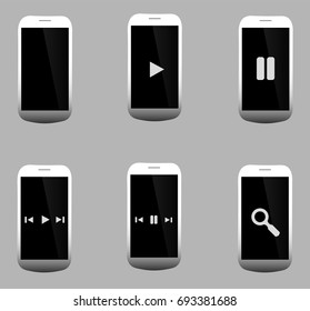 Set of White, grey and black smartphone and phone, modern and realistic with playback options, films, movies and music