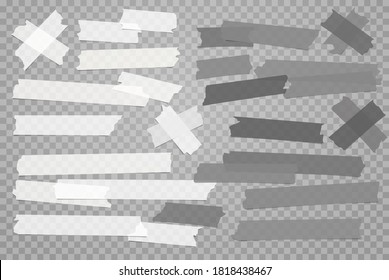 Conjunto de adhesivos de diferentes tamaños de color gris blanco, pegajoso, enmascarado, cinta de conducto, piezas de papel sobre fondo transparente gris oscuro