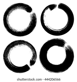 Set of white grunge brushstroke circles on black background vector illustration. Abstract hand drawn grunge banners