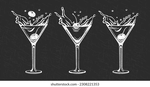 Set of white grunge drawings of refreshing cocktails with ice cubes, straws and umbrellas on a dark background. Drink icons, cafe menu, vector