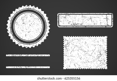 Set of white grunge stamps template different forms isolated on dark background. Vector detailed illustration.