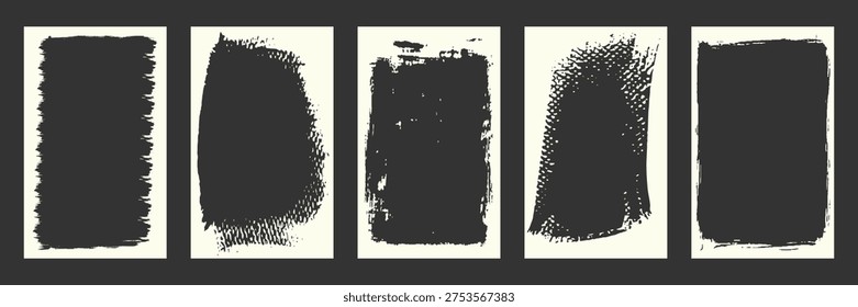 Set of white grunge textures and distressed paint shapes isolated on black background. Collection of rough ink brush strokes and roller spray effects for urban poster design.Vector illustration