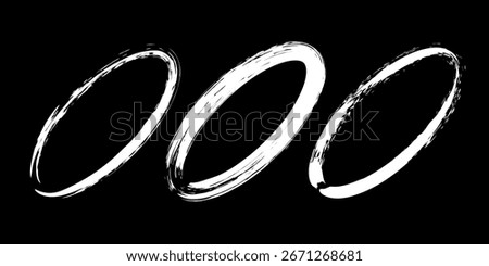 Set of white grungy ellipses. Oval shapes. Vector illustration. Trendy grunge design element for border frame, logo, tattoo, prints, web pages, social media, template and monochrome pattern