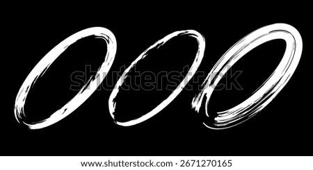 Set of white grungy ellipses. Oval shapes. Vector illustration. Trendy grunge design element for border frame, logo, tattoo, prints, web pages, social media, template and monochrome pattern