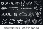 Set of White Grungy Scribble Elements on a Blackboard, Hand Drawn Doodles, Icon, Scribble Drawn with Pen, Sketch, Vector