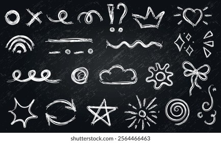 Set of White Grungy Scribble Elements on a Blackboard, Hand Drawn Doodles, Icon, Scribble Drawn with Pen, Sketch, Vector