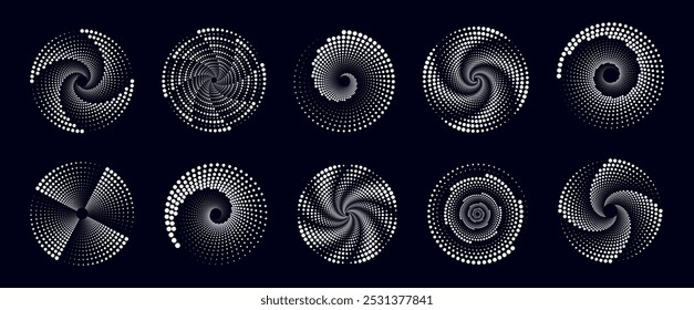 Set of white halftone dotted circles. Vector illustration of abstract white spiral circles with dots isolated on dark background. Circular logo. Poster. Banner. Design element.