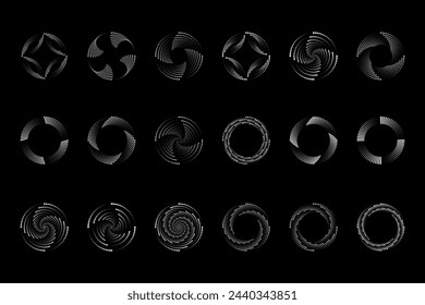 Set white halftone dotted circular speed lines. Abstract vortex geometric shapes moving to the center. Design element for frame, tattoo, web pages, prints, posters, template. Vector icon.