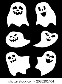 Set of white halloween ghosts of different simple flat shapes on black background, spooks with faces vector illustration