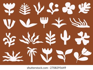 Conjunto de flores botânicas abstratas desenhadas à mão branca e formas de folhas no fundo de terracota para boho padrão ou marca