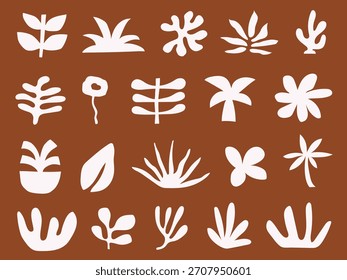 Set of white hand drawn botanical leaves and abstract flower shapes on terracotta background for nature pattern design