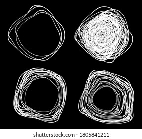 Set of white hand drawn distorted circles using sketch drawing scribble distort circle lines. Doodle circular logo design elements. Vector illustration