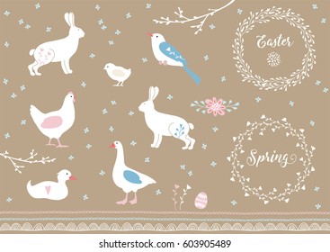 Set of white hand drawn Easter and spring elements. Farm animals, flowers and decorative borders. Vintage design. Isolated vector illustrations.