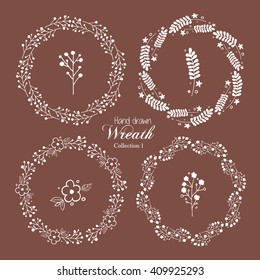 Set of white hand drawn floral wreath. Sketch frame, Circle floral border. Botanical vector illustration. Nature design elements.