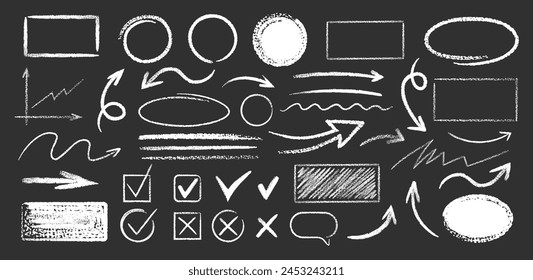 Set of white hand drawn grunge doodle spiral and curved charcoal, chalk arrows, abstract shapes on black background. Scribble symbols of direction pointers, swirl arrow elements for infographic design