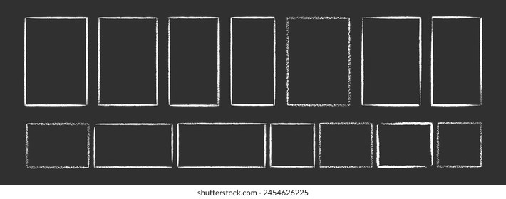 Set of white hand drawn grunge doodle charcoal, pencil, chalk square, rectangle border frames. Vector illustration template borders for website, banner, app, poster, background, card, bullet journal