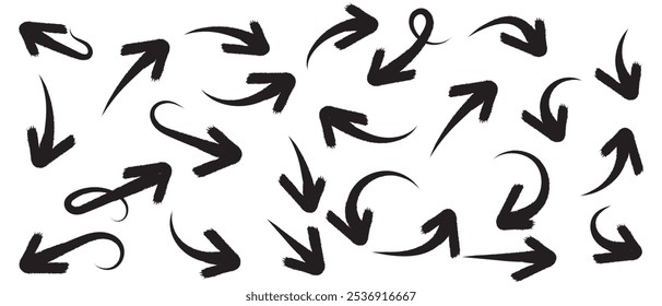 Conjunto de branco mão desenhada grunge doodle espiral e carvão curvo, setas de giz, formas abstratas em fundo preto. Rabiscar símbolos de ponteiros de direção, girar elementos de seta para design infográfico