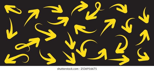 Conjunto de espiral de garabatos grunge dibujado a mano blanco y carbón curvo, flechas de tiza, Formas abstractas sobre fondo negro. Símbolos de garabato de los punteros de dirección, Elementos de flecha de remolino para el diseño de infografía