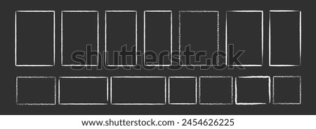 Set of white hand drawn grunge doodle charcoal, pencil, chalk square, rectangle border frames. Vector illustration template borders for website, banner, app, poster, background, card, bullet journal