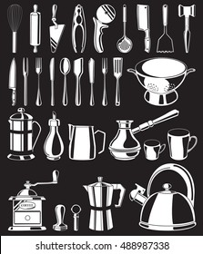 Set of white hand drawn kitchen tools on black background vector illustration