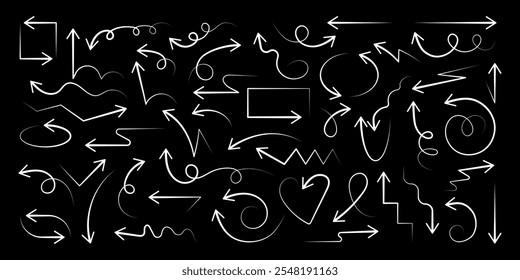 Set of white hand drawn lines with arrows. Collection of simple arrows in different styles. Vector illustration.