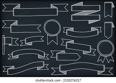 Set of white hand drawn ribbon banners on black background, vector eps10 illustration