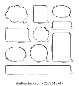 Set of white hand drawn speech bubbles with outline