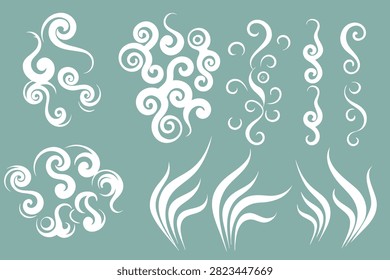 Set of white hand drawn vapor smoke and steam swirl shapes with abstract illustration collection isolated background