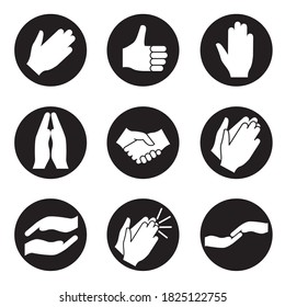 Set of white hand icons in the black circles. Vector flat illustration isolated on the white background.