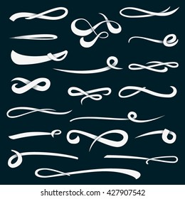 Set of White Hand Lettering Convex Underlines With Shadow Isolated On Black. Vintage Elements For Your Design. Vector illustration